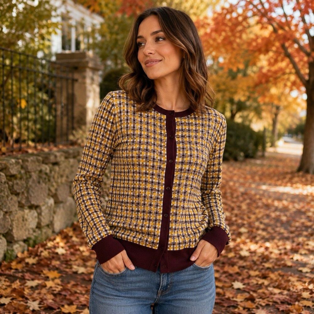 Ann Taylor Plaid Long Sleeve Cardigan S Academia Preppy Fall Vtg Retro Office